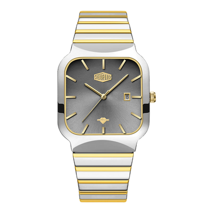 A two-tone stainless steel and gold watch with a square bezel, gray dial, and a matching striped metal bracelet, shown against a plain white background.