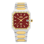 A two-tone stainless steel and gold watch with a square red dial, featuring gold-tone hands, hour markers, crown, and bezel accents, and a date window at 3 o'clock.