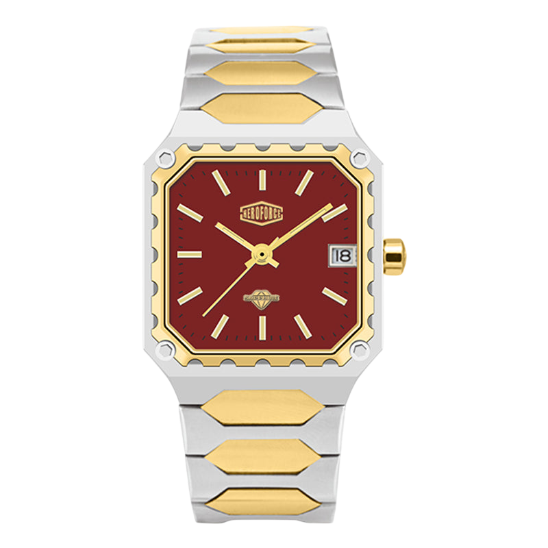 A two-tone stainless steel and gold watch with a square red dial, featuring gold-tone hands, hour markers, crown, and bezel accents, and a date window at 3 o'clock.