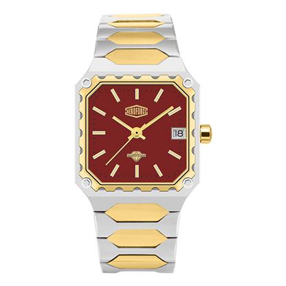A two-tone stainless steel and gold watch with a square red dial, featuring gold-tone hands, hour markers, crown, and bezel accents, and a date window at 3 o'clock.
