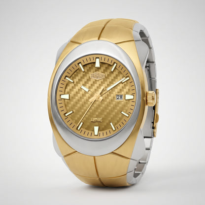 A two-tone stainless steel and gold watch with a textured gold dial, gold bezel, and gold link bracelet, shown on a light gray background.