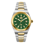A two-tone stainless steel and gold HeroForce watch with a textured green dial, gold bezel, and matching green and gold link bracelet, shown against a plain white background.
