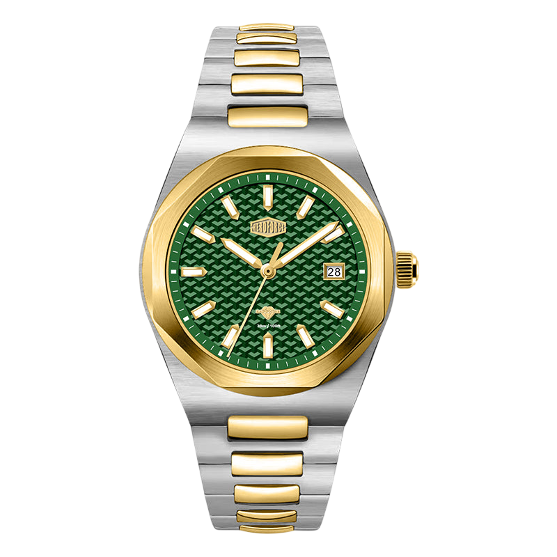 A two-tone stainless steel and gold HeroForce watch with a textured green dial, gold bezel, and matching green and gold link bracelet, shown against a plain white background.