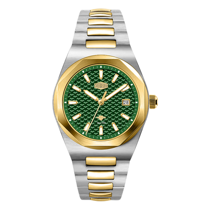 A two-tone stainless steel and gold HeroForce watch with a textured green dial, gold bezel, and matching green and gold link bracelet, shown against a plain white background.