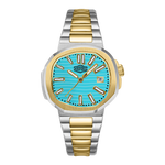 A two-tone stainless steel and gold watch with a vibrant turquoise blue dial, shown against a plain white background.