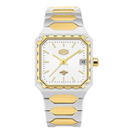 A two-tone stainless steel and gold wristwatch with a white dial, featuring a unique scalloped bezel and integrated link bracelet.