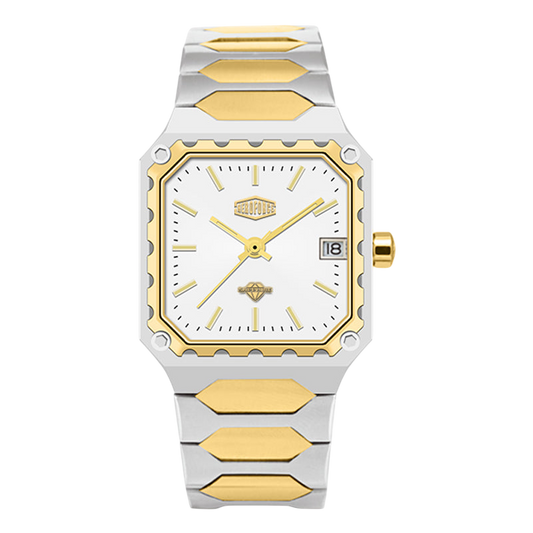A two-tone stainless steel and gold wristwatch with a white dial, featuring a unique scalloped bezel and integrated link bracelet.