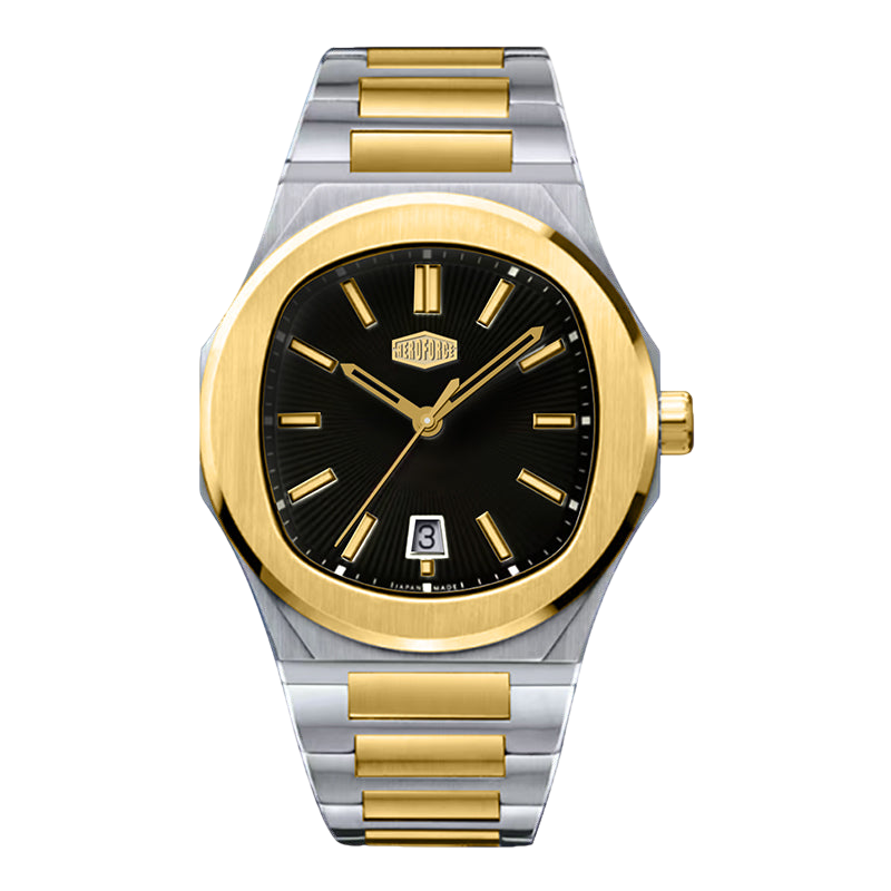 A two-tone stainless steel and gold wristwatch with a black dial, gold-tone bezel and markers, and a matching two-tone metal link bracelet, shown on a plain white background.