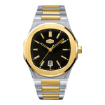 A two-tone stainless steel and gold wristwatch with a black dial, gold-tone bezel and markers, and a matching two-tone metal link bracelet, shown on a plain white background.