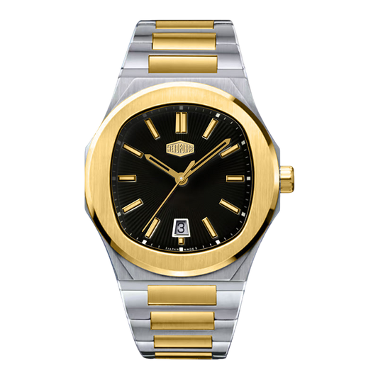 A two-tone stainless steel and gold wristwatch with a black dial, gold-tone bezel and markers, and a matching two-tone metal link bracelet, shown on a plain white background.
