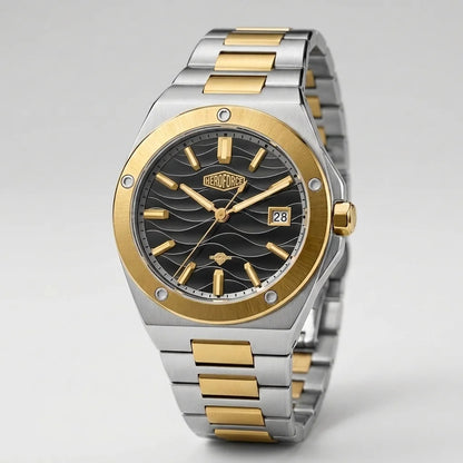 A two-tone stainless steel and gold wristwatch with a black wave-pattern dial, shown on a light gray background.