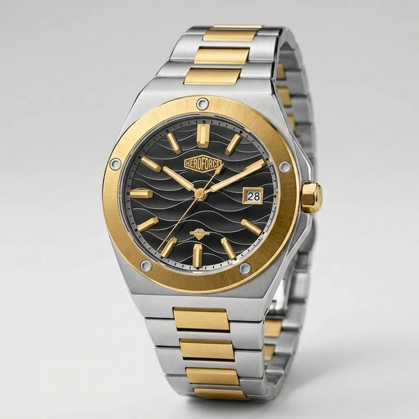 A two-tone stainless steel and gold wristwatch with a black wave-pattern dial, shown on a light gray background.