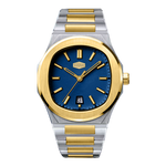 A two-tone stainless steel and gold wristwatch with a blue sunburst dial, gold-tone bezel and hands, and a date window at the 3 o'clock position.