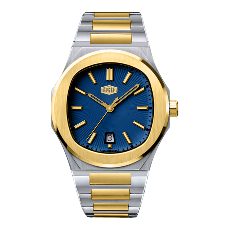 A two-tone stainless steel and gold wristwatch with a blue sunburst dial, gold-tone bezel and hands, and a date window at the 3 o'clock position.