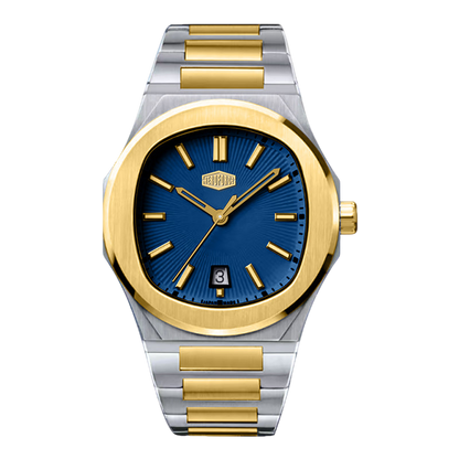 A two-tone stainless steel and gold wristwatch with a blue sunburst dial, gold-tone bezel and hands, and a date window at the 3 o'clock position.