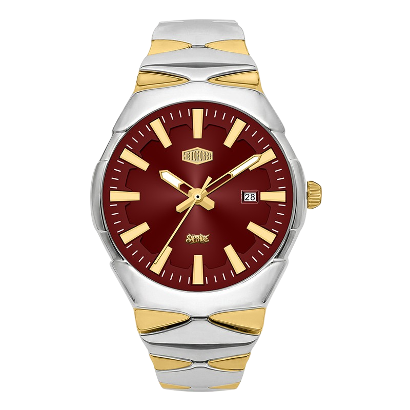 A two-tone stainless steel and gold wristwatch with a deep burgundy dial, featuring gold-tone hands, hour markers, crown, and date window.
