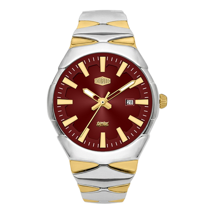 A two-tone stainless steel and gold wristwatch with a deep burgundy dial, featuring gold-tone hands, hour markers, crown, and date window.