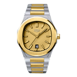 A two-tone stainless steel and gold wristwatch with a gold dial, gold bezel, and matching gold and silver link bracelet, shown on a plain white background.