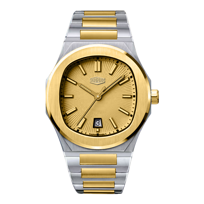 A two-tone stainless steel and gold wristwatch with a gold dial, gold bezel, and matching gold and silver link bracelet, shown on a plain white background.