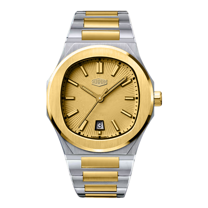 A two-tone stainless steel and gold wristwatch with a gold dial, gold bezel, and matching gold and silver link bracelet, shown on a plain white background.