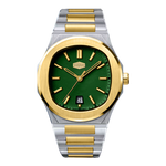 A two-tone stainless steel and gold wristwatch with a green dial, featuring a date window at the 3 o'clock position and a clean white background.