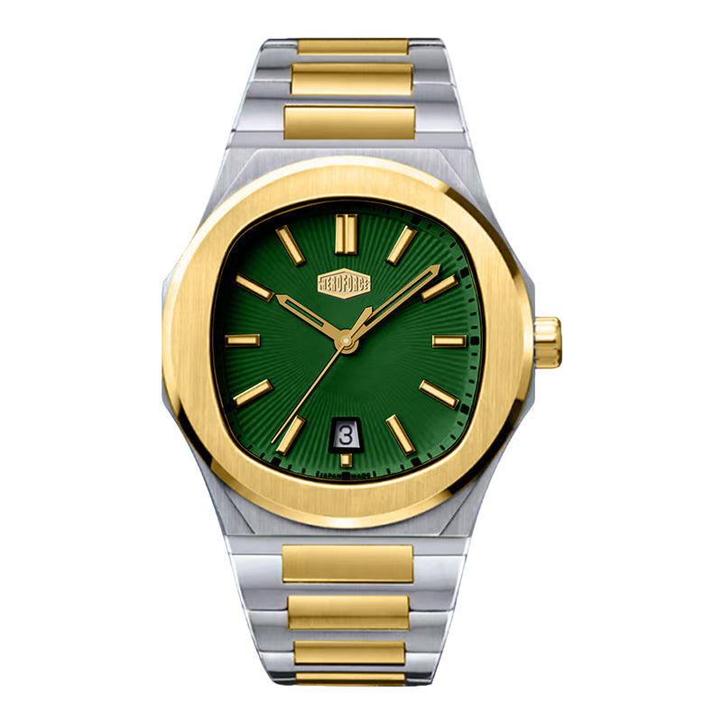A two-tone stainless steel and gold wristwatch with a green dial, featuring a date window at the 3 o'clock position and a clean white background.