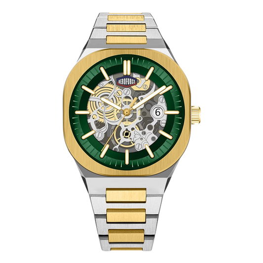 A two-tone stainless steel and gold wristwatch with a green skeleton dial, featuring gold and silver