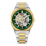 A two-tone stainless steel and gold wristwatch with a green skeleton dial, featuring gold and silver