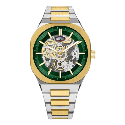 A two-tone stainless steel and gold wristwatch with a green skeleton dial, featuring gold and silver
