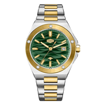 A two-tone stainless steel and gold wristwatch with a green wave-pattern dial, gold-tone bezel and indices, and a date window at 3 o'clock.