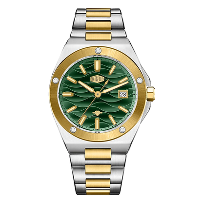 A two-tone stainless steel and gold wristwatch with a green wave-pattern dial, gold-tone bezel and indices, and a date window at 3 o'clock.