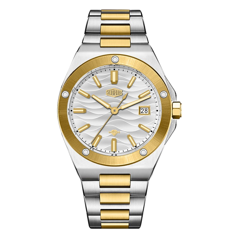 A two-tone stainless steel and gold wristwatch with a silver and white wavy dial, featuring gold-tone hour markers, a date window, and a matching two-tone link bracelet.