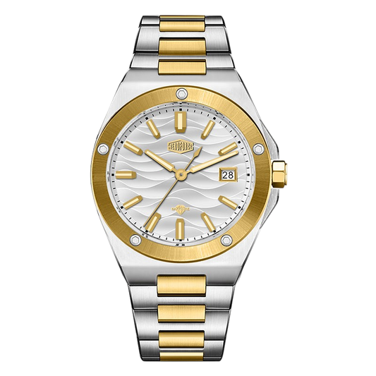 A two-tone stainless steel and gold wristwatch with a silver and white wavy dial, featuring gold-tone hour markers, a date window, and a matching two-tone link bracelet.
