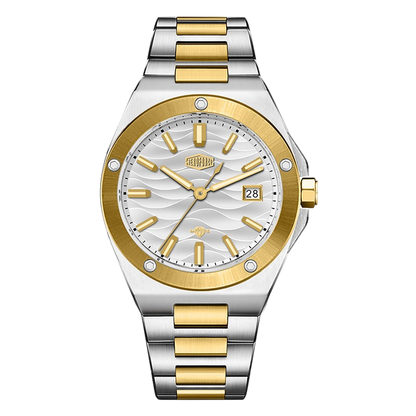 A two-tone stainless steel and gold wristwatch with a silver and white wavy dial, featuring gold-tone hour markers, a date window, and a matching two-tone link bracelet.