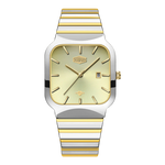 A two-tone stainless steel and gold wristwatch with a square bezel, gold dial, and a matching two-tone link bracelet, shown against a plain white background.