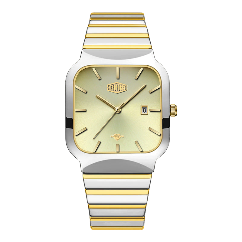 A two-tone stainless steel and gold wristwatch with a square bezel, gold dial, and a matching two-tone link bracelet, shown against a plain white background.