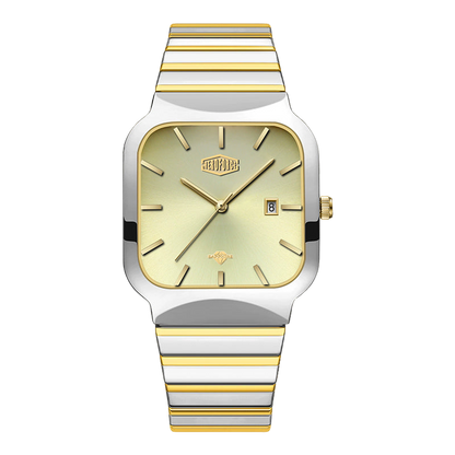 A two-tone stainless steel and gold wristwatch with a square bezel, gold dial, and a matching two-tone link bracelet, shown against a plain white background.