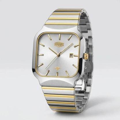 A two-tone stainless steel and gold wristwatch with a square bezel, silver dial, and matching metal link bracelet, shown on a light gray background.