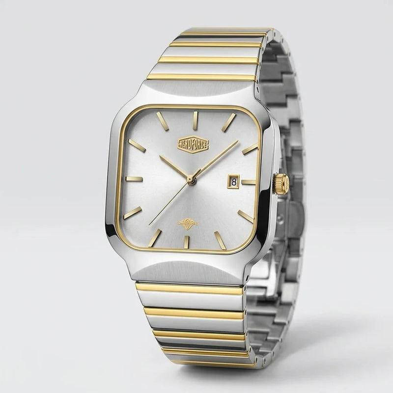 A two-tone stainless steel and gold wristwatch with a square bezel, silver dial, and matching metal link bracelet, shown on a light gray background.