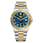 A two-tone stainless steel and gold wristwatch with a textured Blue dial