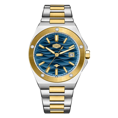 A two-tone stainless steel and gold wristwatch with a textured Blue dial