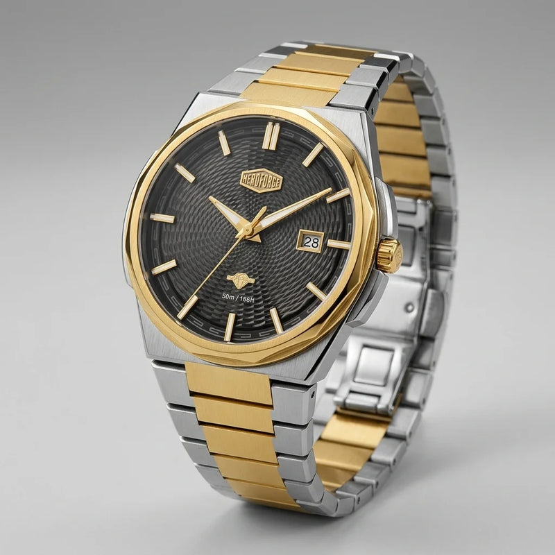 A two-tone stainless steel and gold wristwatch with a textured black dial, gold-tone bezel and markers, and a date window, shown on a neutral gray background.