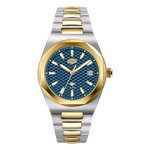 A two-tone stainless steel and gold wristwatch with a textured blue dial, gold-tone markers and hands, and a matching two-tone link bracelet, shown against a plain white background.