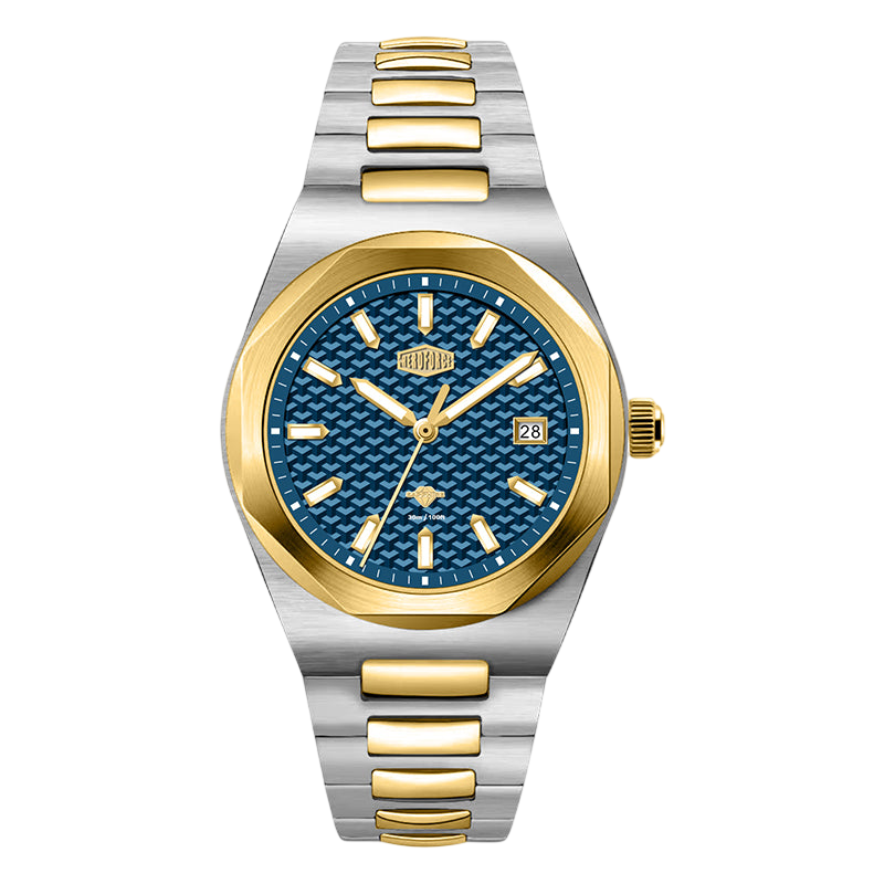 A two-tone stainless steel and gold wristwatch with a textured blue dial, gold-tone markers and hands, and a matching two-tone link bracelet, shown against a plain white background.