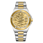 A two-tone stainless steel and gold wristwatch with a textured gold dial, gold bezel, and matching gold and silver link bracelet, shown against a plain white background.