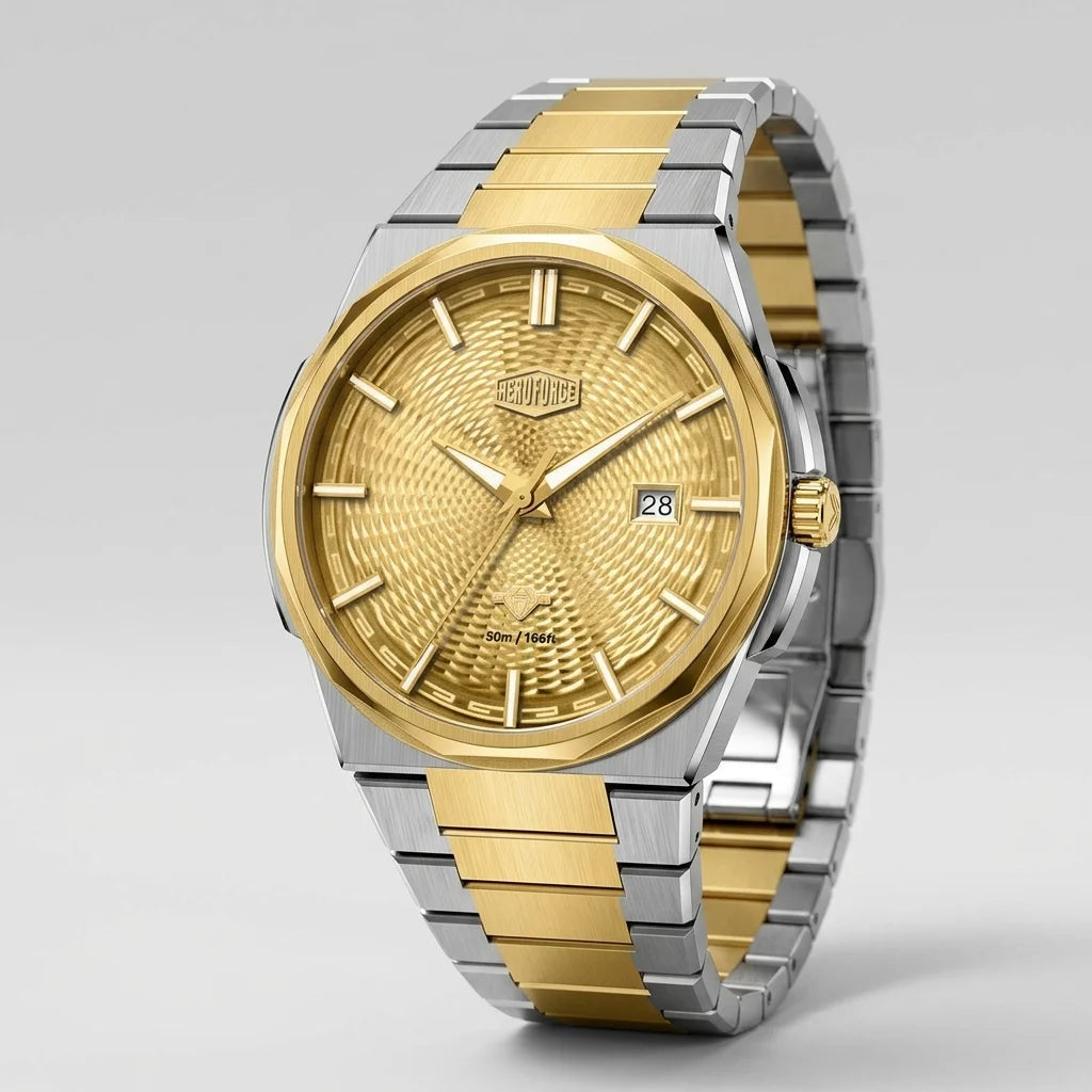 A two-tone stainless steel and gold wristwatch with a textured gold dial, gold-tone hour markers and hands, and a matching two-tone link bracelet, shown on a neutral light gray background.