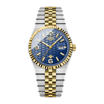 A two-tone stainless steel and gold wristwatch with a textured blue dial, fluted gold-tone bezel, and matching two-tone link bracelet, shown against a plain white background.