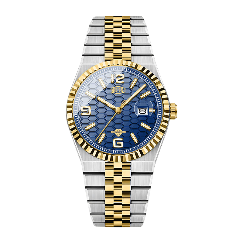 A two-tone stainless steel and gold wristwatch with a textured blue dial, fluted gold-tone bezel, and matching two-tone link bracelet, shown against a plain white background.