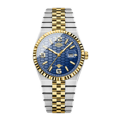 A two-tone stainless steel and gold wristwatch with a textured blue dial, fluted gold-tone bezel, and matching two-tone link bracelet, shown against a plain white background.