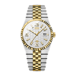 A two-tone stainless steel and gold wristwatch with a textured white dial, fluted bezel, and matching two-tone link bracelet, shown against a plain white background.
